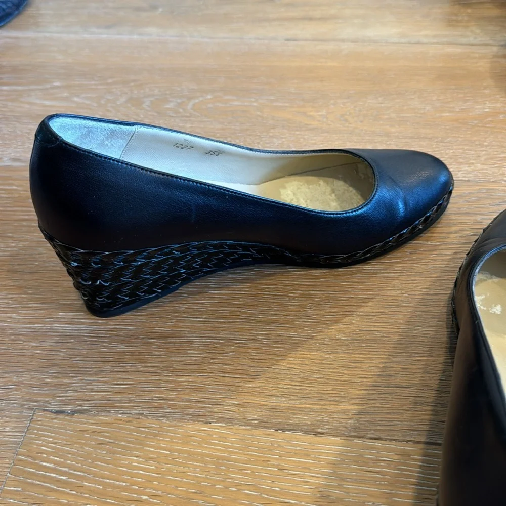 Bruno Magli black leather wedges with basket wave heel